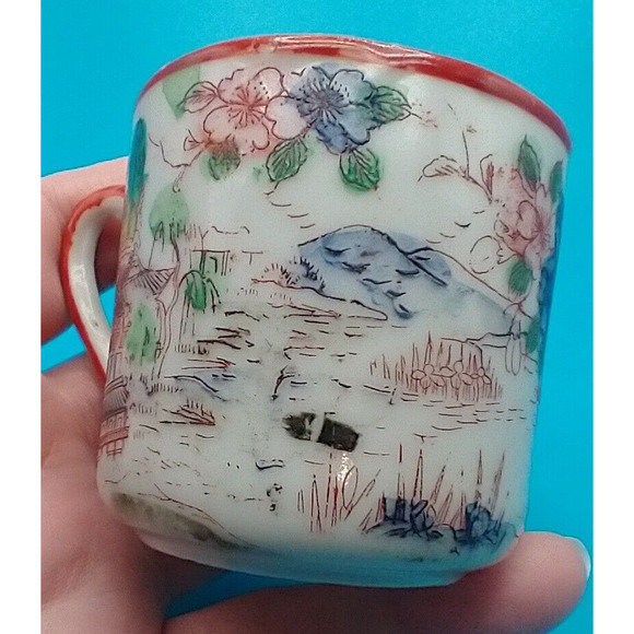 Japanese Kutani Style Porcelain Demitasse Tea Mug – Hand Painted Garden Motif - Picture 6 of 13